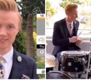 Owain Wyn Evans, who fronts North West Tonight, drummed the opening tune to the news while in his home under lockdown. (Screen captures via Twitter)