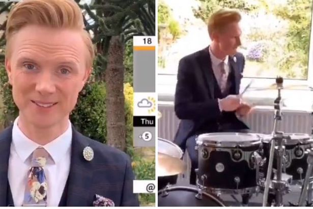 Owain Wyn Evans, who fronts North West Tonight, drummed the opening tune to the news while in his home under lockdown. (Screen captures via Twitter)