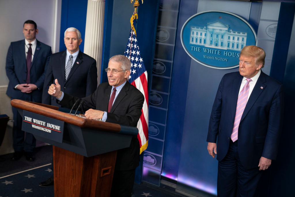 Dr Anthony Fauci, Director of the National Institute of Allergy and Infectious Diseases speaks at a press briefing with members of the White House Coronavirus Task Force