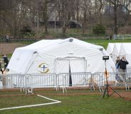 A temporary hospital is built in Central Park on the East Meadow lawn during the Coronavirus pandemic on March 31, 2020 in New York City