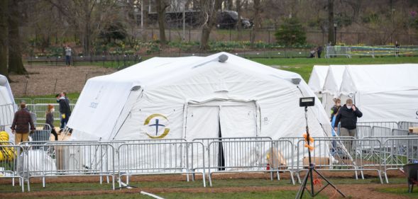 A temporary hospital is built in Central Park on the East Meadow lawn during the Coronavirus pandemic on March 31, 2020 in New York City