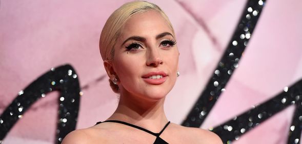 Lady Gaga poses against a pink background in a black dress