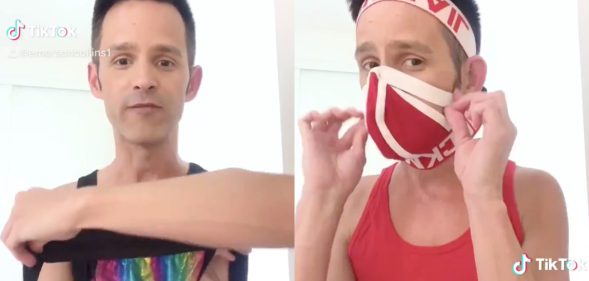 Actor Emerson Collins made a TikTok video showing users how to turn a jockstrap into a face mask. Gay rights, maybe? Probably not. (Screen captures via Twitter)