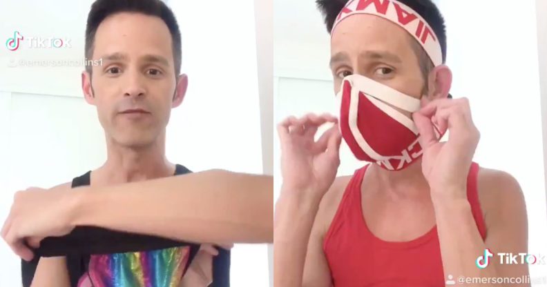 Actor Emerson Collins made a TikTok video showing users how to turn a jockstrap into a face mask. Gay rights, maybe? Probably not. (Screen captures via Twitter)