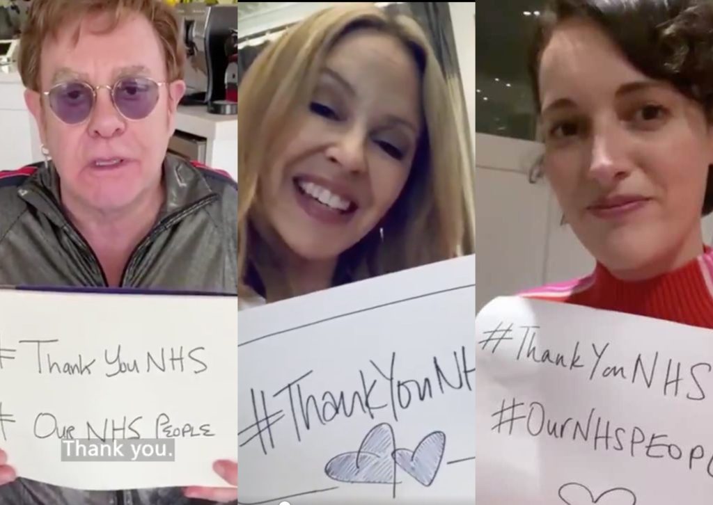 (From L-R) Elton John, Kylie Minogue and Phoebe Waller-Bridge and many more paid tribute to NHS workers shaken by the viral pandemic. (Screen captures via Twitter)