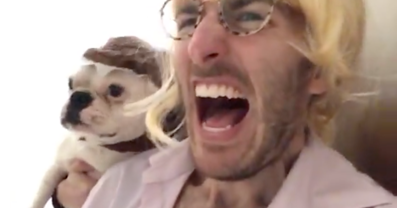 Amid the coronavirus lockdown measures, a gay couple re-created the 1993 Jurassic Park film trailer shot for shot, with their french bulldog, Yolk. (Screen capture via Twitter)