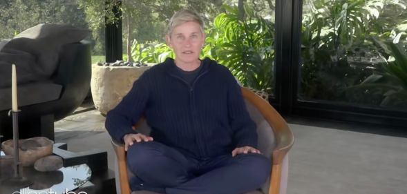 Ellen DeGeneres, after production of her show was suspended due to coronavirus, is back and is filming from her Los Angeles living room. (Screen capture via YouTube)