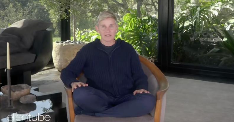 Ellen DeGeneres, after production of her show was suspended due to coronavirus, is back and is filming from her Los Angeles living room. (Screen capture via YouTube)