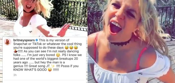 Britney Spears addressed the elephant in the room after uploading a clip of her dancing to, uh, her ex Justin Timberlake's song. (Screen captures via Instagram)