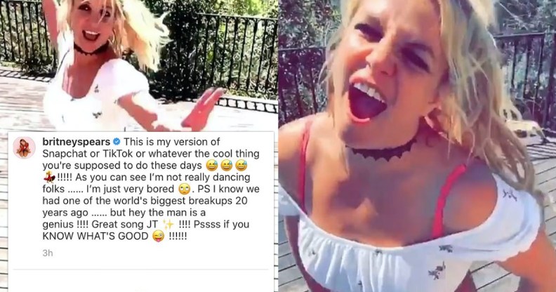 Britney Spears addressed the elephant in the room after uploading a clip of her dancing to, uh, her ex Justin Timberlake's song. (Screen captures via Instagram)