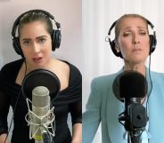Behind microphone stands in their homes, Lady Gaga (L) joined Céline Dion to close the One World: Together at Home special. (Screen captures via Twitter)