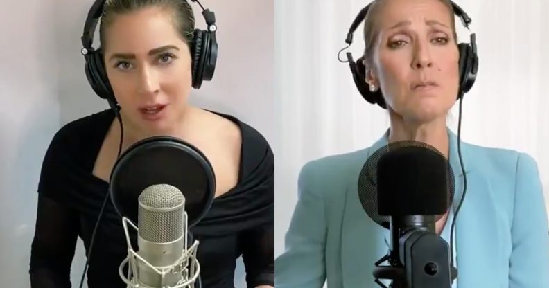 Behind microphone stands in their homes, Lady Gaga (L) joined Céline Dion to close the One World: Together at Home special. (Screen captures via Twitter)