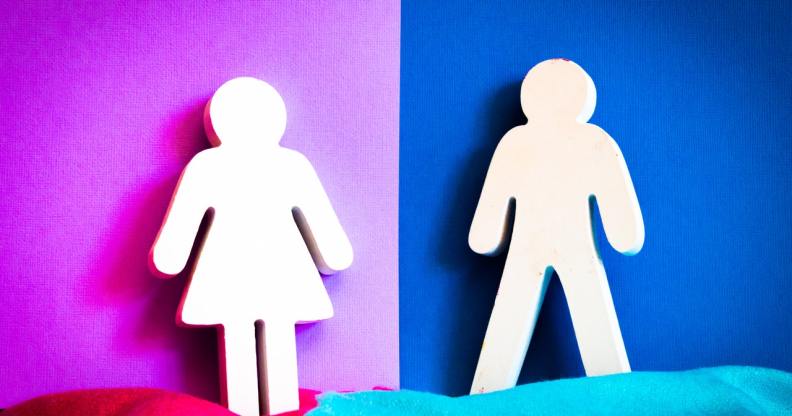 A female icon (left) on a pink background and male icon (right) on a blue background