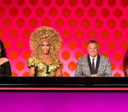 Michelle Visage, RuPaul, Ross Matthews and Chaka Khan behind the Drag Race season 12 judging table
