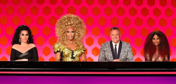 Michelle Visage, RuPaul, Ross Matthews and Chaka Khan behind the Drag Race season 12 judging table