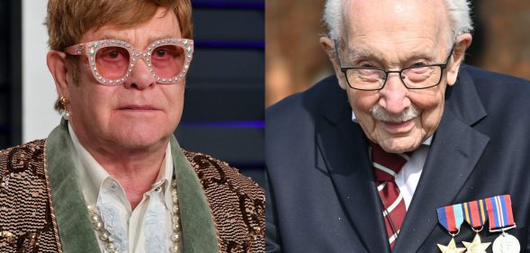 Elton John (L) paid a touching tribute to Captain Tom Moore. (Dia Dipasupil/Getty Images/JUSTIN TALLIS/AFP via Getty Images)