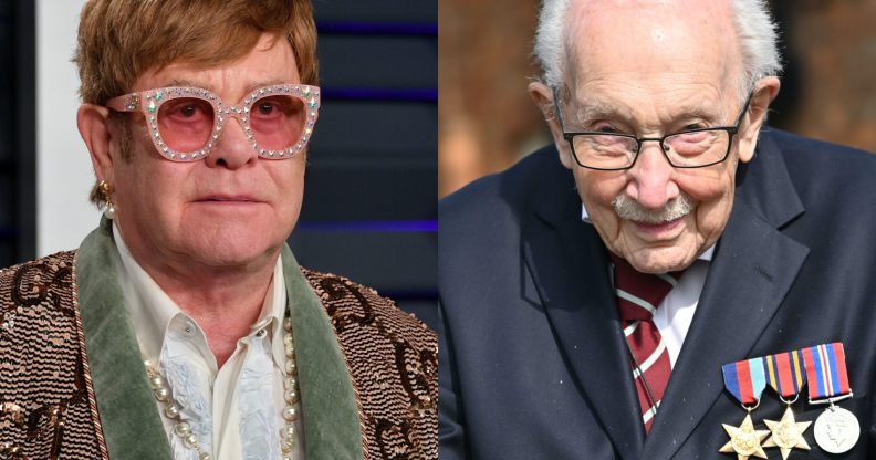 Elton John (L) paid a touching tribute to Captain Tom Moore. (Dia Dipasupil/Getty Images/JUSTIN TALLIS/AFP via Getty Images)