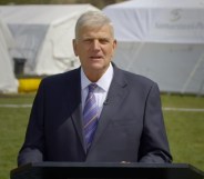 Franklin Graham brought in a camera crew to record an Easter sermon from the tent hospital 'relief' site