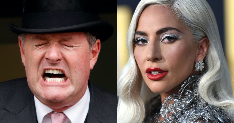 Piers Morgan (L) took to Twitter to ask why Lady Gaga as involved in a World Health Organization conference for coronavirus. ( Max Mumby/Indigo via Getty/Neilson Barnard via Getty)