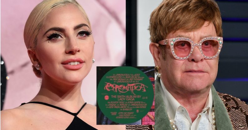 A leaked version of the Lady Gaga Chromatica tracklist has revealed an alleged duet with Elton John. (Getty/Twitter)