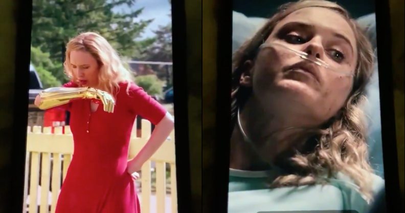 Rachel Brosnahan (pictured) coughing on her golden arm, complying with World Health Organization guidelines concerning coronavirus, before demanding to be buried with it. (Screen captures via Twitter)