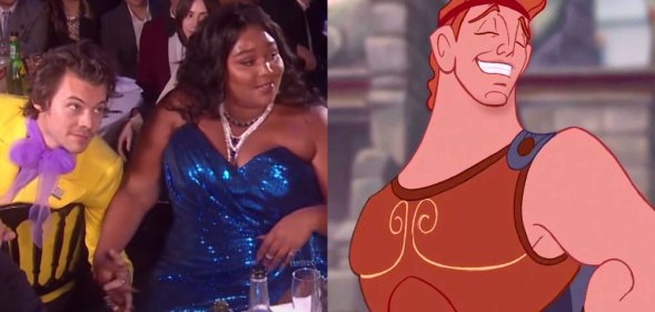 Lizzo and Harry Styles holding hands / Hercules
