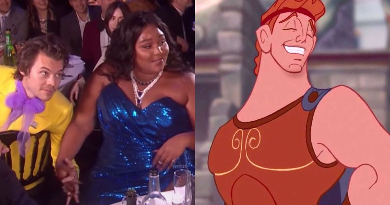 Lizzo and Harry Styles holding hands / Hercules
