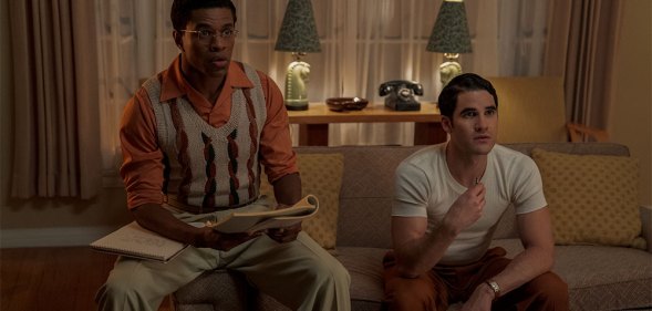 Jeremy Pope plays Archie in Hollywood, with Darren Criss as Raymond