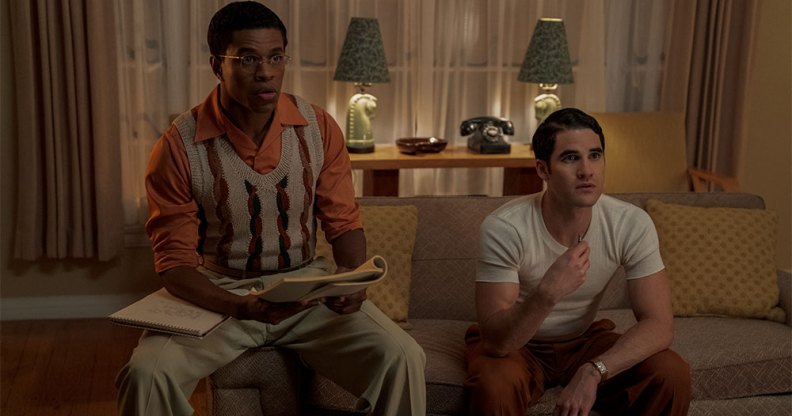 Jeremy Pope plays Archie in Hollywood, with Darren Criss as Raymond