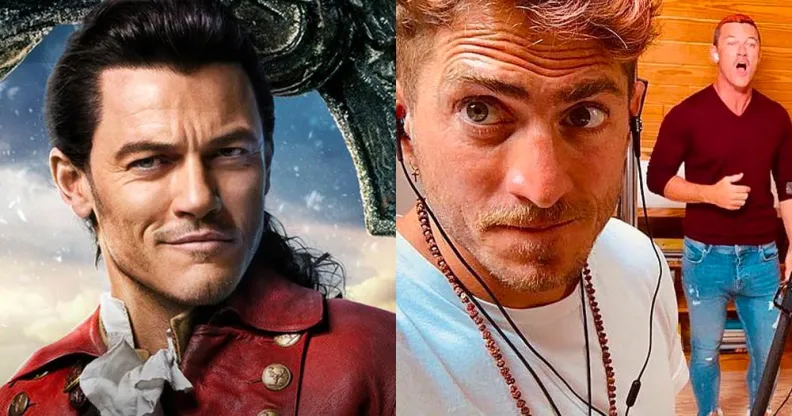 Luke Evans as Gaston and with his boyfriend