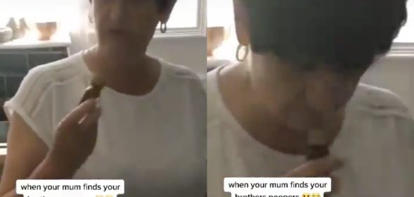 A mother nearly too pure for this world stumbled onto her son's bottle of poppers and mistook them for "smelling salts". (Screen captures via TikTok)