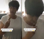 A mother nearly too pure for this world stumbled onto her son's bottle of poppers and mistook them for "smelling salts". (Screen captures via TikTok)
