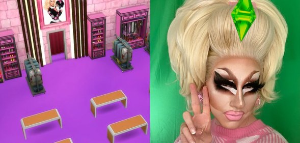Trixie Mattel and a The Sims recreation of the Drag Race werk room