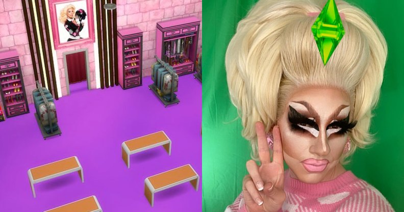 Trixie Mattel and a The Sims recreation of the Drag Race werk room