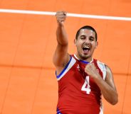 Dennis Del Valle of Puerto Rico celebrates after scoring a point against Colombia in the men's volleyball match for the gold medal during the 2018 Central American and Caribbean Games