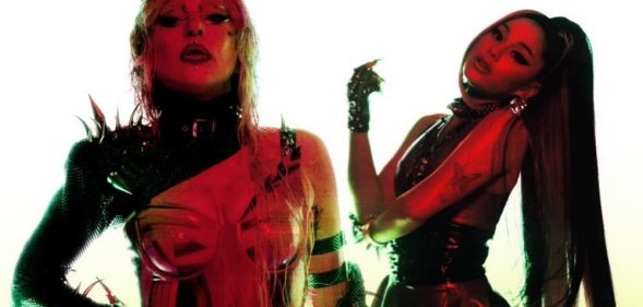 Lady Gaga (L) and Ariana Grande (R) shared teasing promotional artwork for their upcoming duet, "Rain On Me". (Twitter)