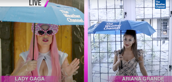 When it rains, it pours according to weather girls Lady Gaga (L) and Ariana Grande (R). (screen capture via YouTube)