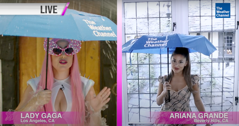 When it rains, it pours according to weather girls Lady Gaga (L) and Ariana Grande (R). (screen capture via YouTube)