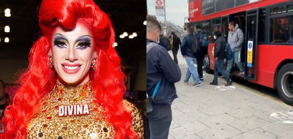 Divina de Campo and workers leaving a bus