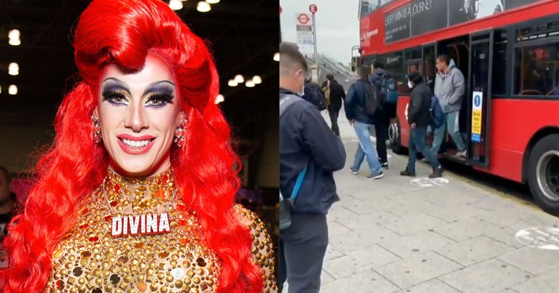 Divina de Campo and workers leaving a bus