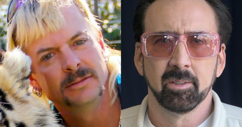 Tiger King star Joe Exotic (L) originally wanted Brad Pitt to play him in any adaptions of his life. We guess he'll have to settle for Nicolas Cage. (Araya Diaz/Getty Images)