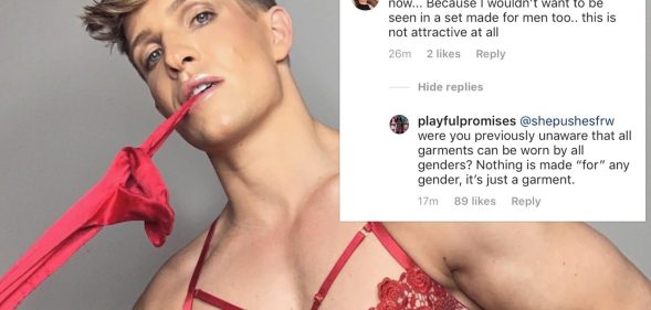 When model Jake DuPree donned lingerie from Playful Promises in an Instagram post, the image drew homophobic criticism from trolls with a lot of spare time. (Instagram)