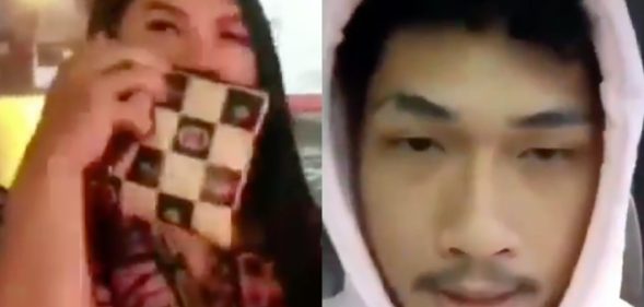 (L) Two trans women were handed instant noodle boxes by a YouTuber in Indonesia. Inside them were rotting vegetables and stones. (R) Ferdian Pelaka issues a fake apology video after backlash. (Screen capture via YouTube)