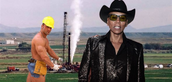 RuPaul infront of fracking equipment