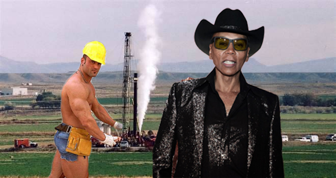 RuPaul infront of fracking equipment