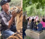 Jeff Lowe cuddles-up with big cats (L) as countless victors crowd the Tiger King Park for its grand re-opening. (Screen captures via Instagram)