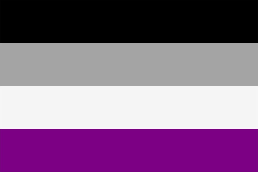 The asexual flag colours of black, grey, white and purple