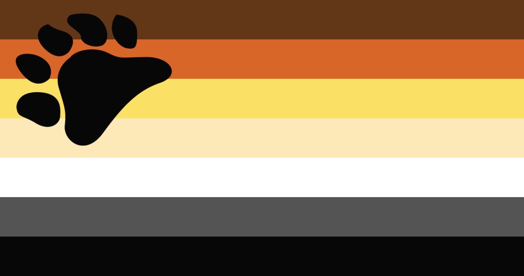 LGBT Bear Brotherhood flag colours of brown, yellow, white, grey and black, with a paw print in the top left corner