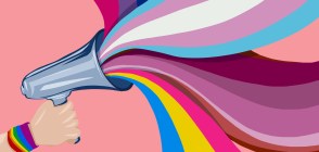 Person holding up a megaphone with various LGBTQ Pride flags of different colours and meanings coming out of it