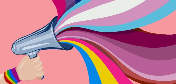 Person holding up a megaphone with various LGBTQ Pride flags of different colours and meanings coming out of it